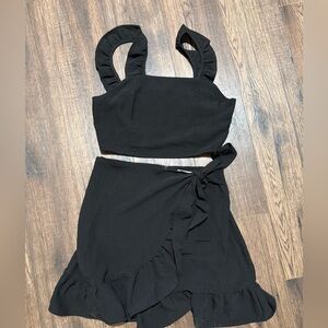 Women’s Black Ruffle Wrap Skirt Set with Crop Top